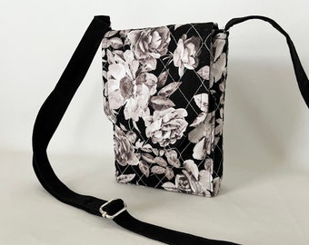 Mini Messenger Hipster Smart Phone Case Adjustable Strap Quilted Floral Print Roses