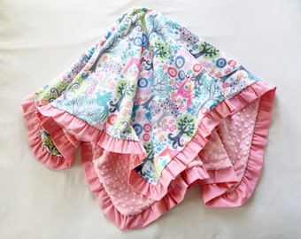 Baby Blanket Minky Forest Deer Corduroy Ruffle Pastels Pink White Free Shipping