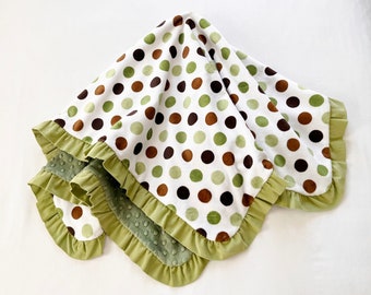 Minky Dot Baby Blanket: Green, Brown, White with Corduroy Ruffle