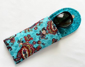 Glasses Case Iphone 6 to 13 Quilted Paisley Print Multi Color Teal