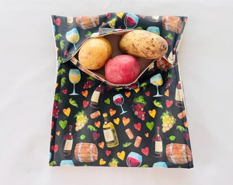 Bolsa de patatas para microondas con temática de vino, para cocinar verduras y calentar panecillos.