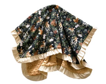 Forest Animal Baby Blanket, Minky Corduroy, Ruffle Trim