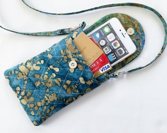 Smart Phone Iphone  6 to 13 Case Gadget Case Quilted Detachable Neck Strap Batik Teal Beige