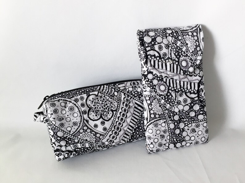 Glasses Case, iPhone 6 to 13 Quilted Cotton Black White Gray image 5