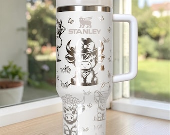 Vaso Highland Cow de 40 oz grabado con láser con asa y pajita