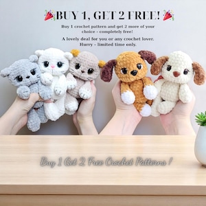Puede incluir: Una colección de juguetes de animales de ganchillo hechos a mano, incluyendo gatos y perros, en varios colores. La imagen incluye el texto "¡COMPRA 1, LLÉVATE 2 GRATIS!" y "¡Compra 1 y llévate 2 patrones de ganchillo gratis!"