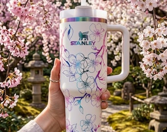 Vaso térmico con diseño de flor de cerezo, 1,18 litros (40 oz), grabado láser, de acero inoxidable con nombre personalizado.