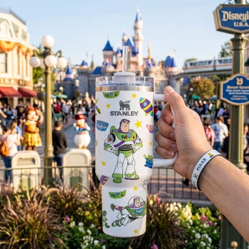 Pu&ograve; includere: Bicchiere Stanley bianco con Buzz Lightyear di Toy Story. Il bicchiere ha un manico e una cannuccia, con un design di Buzz Lightyear e altri elementi di Toy Story. Il logo Stanley &egrave; visibile.