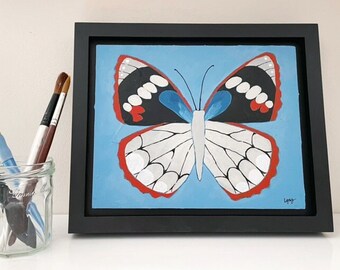 Original 8x10 blue & red butterfly painting OOAK; bookshelf decor; small art under 100