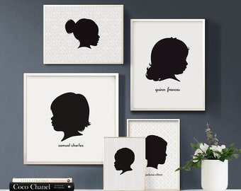 Personalized Silhouette Portrait Set - 8x10" and 4x4" prints; custom Mother's Day gift, children's silhouette profile art, gift for mom