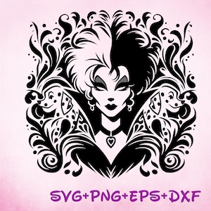 Cruella de Vil Villains Mandala SVG, 101 Dálmatas, Archivos de corte de silueta Zentangle, Png, Imprimible, Diseño de sublimación