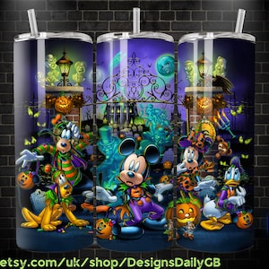 Mickey Mouse and Friends Haunted House 20oz Skinny Tumbler Template PNG, Pluto Donald Daisy Goofy Skinny Tumbler Wrap Design PNG
