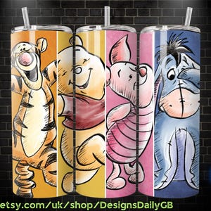 Retro Winnie the Pooh Tigger Piglet Eeyore Watercolor 20oz Skinny Tumbler Template PNG, Pooh Skinny Tumbler Wrap Design PNG Digital Download