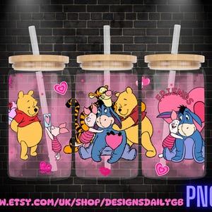 Winnie The Pooh and Friends Valentine 16oz Glass Can Wrap PNG, Libbey Glass Can Wrap Valentines, Happy Valentines Glass Can Wrap PNG