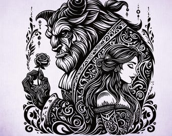 Belle Mandala Princess SVG, Beauty and the Beast Enchanted Stained Glass Princess, Silhouette Cut Files, Png, Printable, Sublimation Design