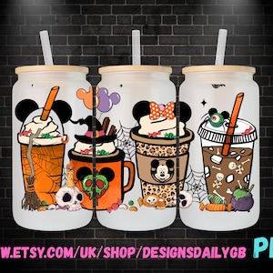 Spooky Mickey Minnie Mouse and Friends 16oz Glass Can Wrap PNG, Libbey Glass Can Wrap Halloween, Happy Halloween Glass Can Wrap PNG