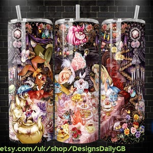 Alice in Wonderland 20oz Skinny Tumbler Template PNG, Mad Hatter Tea Party Skinny Tumbler Wrap Design PNG File Digital Download