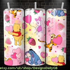 Winnie the Pooh Tigger Piglet Eeyore Valentine 20oz Skinny Tumbler Watercolor PNG, Pooh Skinny Tumbler Wrap Design PNG Digital Download