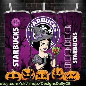 Princess Witchy Halloween Snow White Coffee Tumbler Wrap PNG , 20oz Skinny Tumbler, 7 Dwarves Skinny Tumbler Wrap PNG