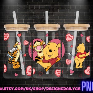 Winnie The Pooh and Friends Valentine 16oz Glass Can Wrap PNG, Libbey Glass Can Wrap Valentines, Happy Valentines Glass Can Wrap PNG