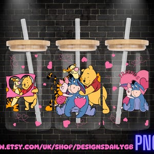 Winnie The Pooh and Friends Valentine 16oz Glass Can Wrap PNG, Libbey Glass Can Wrap Valentines, Happy Valentines Glass Can Wrap PNG
