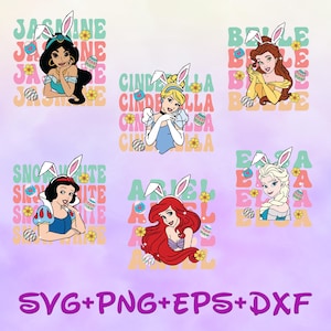 Retro Princess Jasmine Belle Ariel Cinderella Elsa Snow White Easter Bunny with ears SVG, Happy Easter day svg png bundle