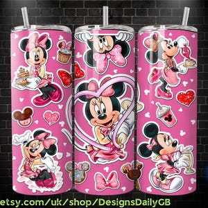 Retro Pink  Minnie Mouse Tea Party Cakes 20 oz Skinny Tumbler, Mickey Mouse Sublimation Design Template, Mickey Comic Book Strip png