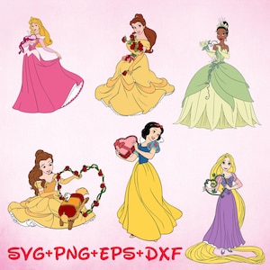 Princess Tiana Belle Aurora Rapunzel Snow White Love Svg, Heart Svg, Bundle, Valentine&#39;s Day svg, Gift Svg, Cricut File