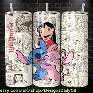 Retro Stitch 20 oz Skinny Tumbler, Mickey Mouse Sublimation Design Template, Angel and Stitch Comic Book Strip png