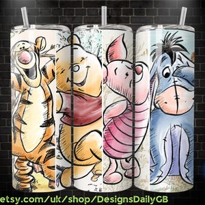 Retro Winnie the Pooh Tigger Piglet Eeyore Watercolor 20oz Skinny Tumbler Template PNG, Pooh Skinny Tumbler Wrap Design PNG Digital Download