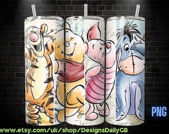 Retro Winnie the Pooh Tigger Piglet Eeyore Watercolor 20oz Skinny Tumbler Template PNG, Pooh Skinny Tumbler Wrap Design PNG Digital Download