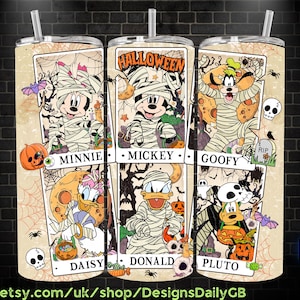 Retro Mickey Mouse and Friends Halloween Tarot 20oz Skinny Tumbler Template PNG, Pluto Donald Daisy Goofy Skinny Tumbler Wrap Design PNG