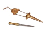 19c. Very Rare Antique Art Nouveau Chatelaine Letter Opener or Sewing Knife Sword Dagger in Sheath Case Etui Dore Bronze
