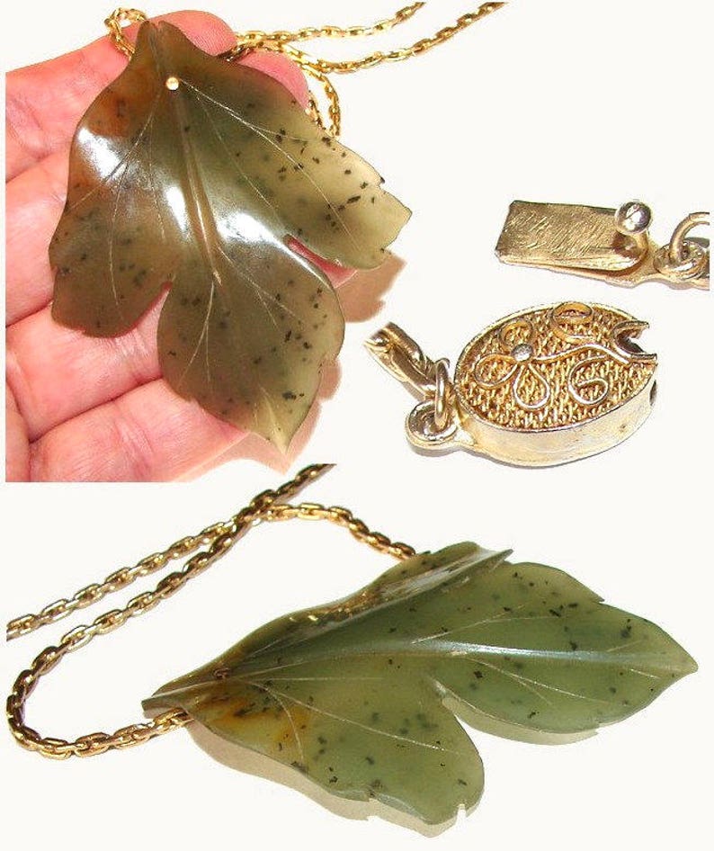 Genuine Huge Very Large Real Jade Vintage Nephrite Gold Figural Leaf Mid Century Asian China