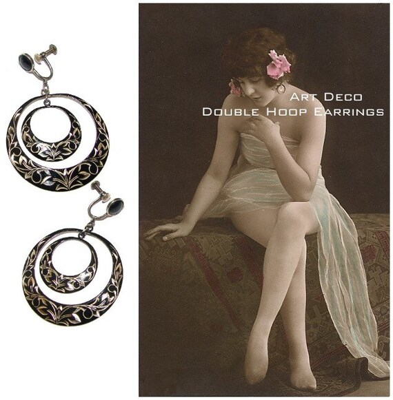 Art Deco Flapper Sterling Silver Earrings Double H