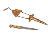 19c. Very Rare Antique Art Nouveau Chatelaine Letter Opener or Sewing Knife Sword Dagger in Sheath Case Etui Dore Bronze
