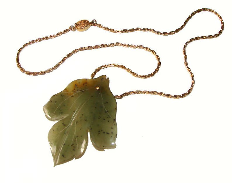 Genuine Huge Very Large Real Jade Vintage Nephrite Gold Figural Leaf Mid Century Asian China