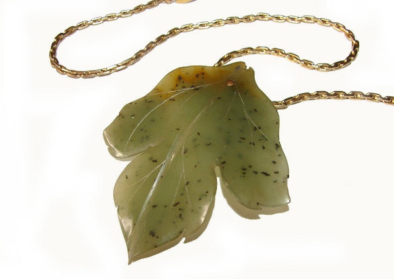 Genuine Huge Very Large Real Jade Vintage Nephrite Gold Figural Leaf Mid Century Asian China