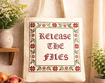 Epstein Didn't Kill Himself | Release the Files Tote Bag | Cross-Stitch Style | 16x16 Natural Beige