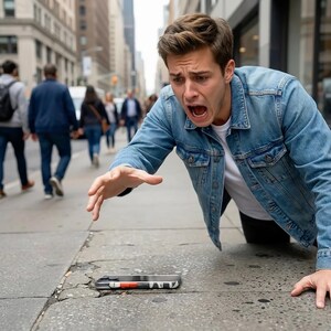 Peut inclure: Une personne en veste en jean et chemise blanche tend la main vers un t&eacute;l&eacute;phone tomb&eacute; sur un trottoir. L'&eacute;tui du t&eacute;l&eacute;phone a un design noir, blanc et orange. D'autres personnes marchent en arri&egrave;re-plan.