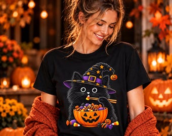 Black Cat Eating Halloween Candy T-Shirt | Cute Cat Noodles Tee | Halloween Shirt | Candy Corn Tee