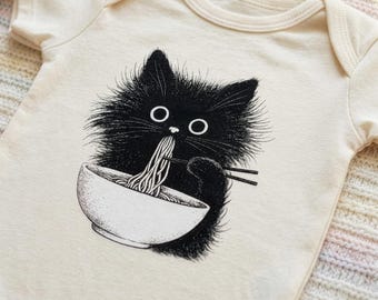 Noodle Cat Baby Onesie, Funny Cat Bodysuit, Noodle Kitten Baby Gift, Black Cat Baby Shower Gift, Cute Cat Lover Newborn Bodysuit, Ramen Cat