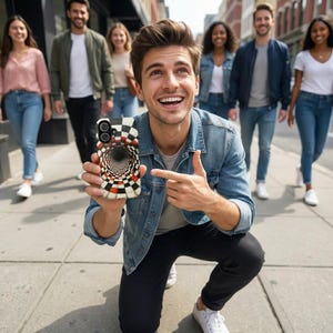 Peut inclure: Une coque de smartphone avec un motif &agrave; carreaux noir, blanc et rouge cr&eacute;ant un effet de tunnel 3D. La coque est tenue par une personne en veste en jean, avec un groupe de personnes en arri&egrave;re-plan.