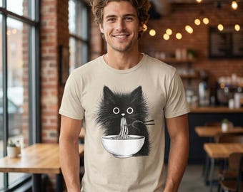 Cat Eating Noodles Shirt | Funny Black Cat Ramen T-Shirt | Gildan 5000 Graphic Tee | Cute Cat Lover Gift