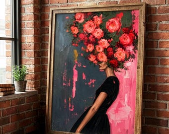 In Full Bloom Art Print | Floral Woman Wall Art | Moody Botanical Print | Museum-Quality Poster Archival Quality | Modern Maximalist Poster