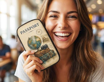 Vintage Style Passport Wallet | Travel Document Organizer | Bon Voyage Gift | Retro Globe & Suitcase Design | Passport Holder with Strap
