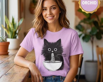 Cat Eating Noodles Shirt | Funny Black Cat Ramen T-Shirt | Comfort Colors 1717 Graphic Tee | Cute Cat Lover Gift