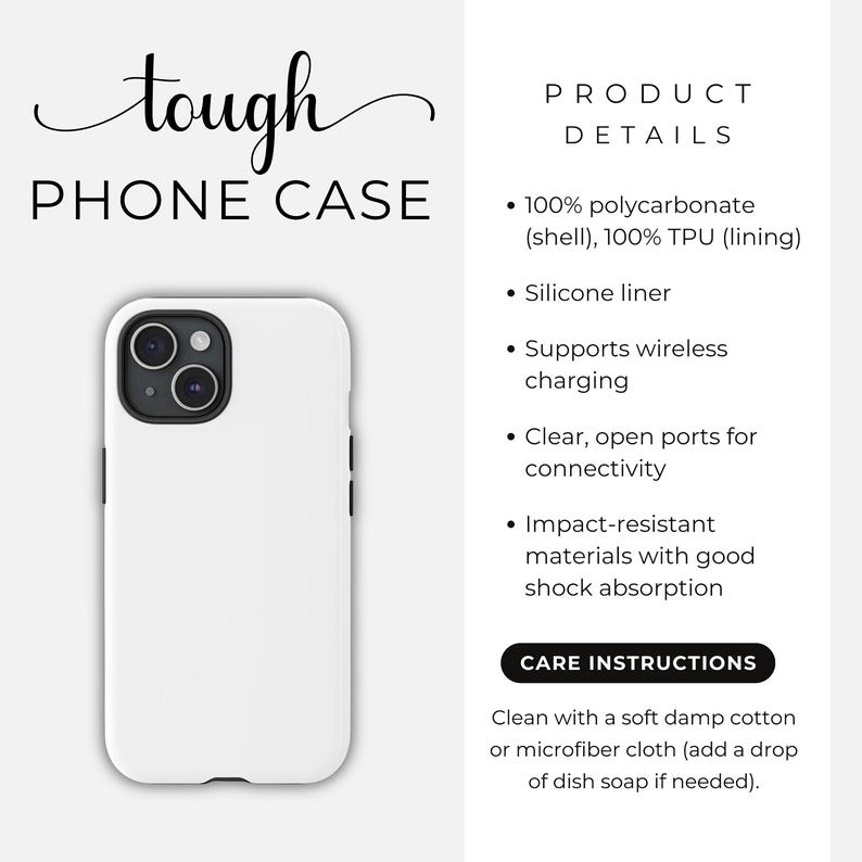 Peut inclure: Coque de t&eacute;l&eacute;phone blanche avec une d&eacute;coupe noire pour l'appareil photo et des boutons lat&eacute;raux noirs. Le texte "tough PHONE CASE" est en haut. D&eacute;tails du produit : coque 100 % polycarbonate et doublure en TPU, doublure en silicone et prise en charge de la recharge sans fil.