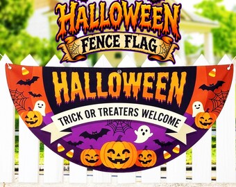 Halloween Fence Flag Banner | Trick or Treaters Welcome Sign | Semi Circle Porch Decor | Halloween Party Banner