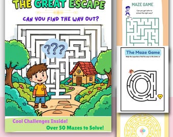 Pode incluir: Um livro de labirintos imprimível colorido intitulado "The Great Escape" com o texto "Can You Find The Way Out?" Um menino de desenho animado está na entrada do labirinto. O livro inclui mais de 50 labirintos e o texto "Cool Challenges Inside!" e "Instant Download | PDF | Printable".